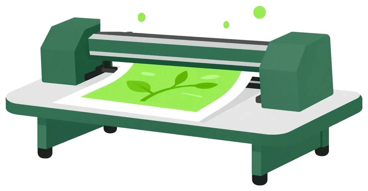 Cartoon of our flatbed printer printing a leaf design straight onto a board